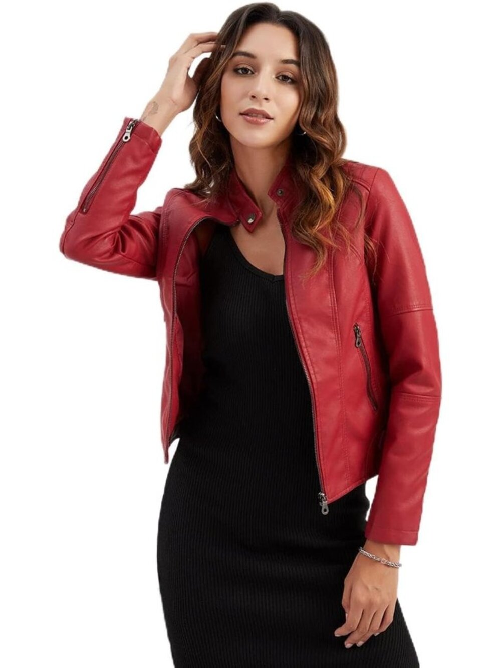 Women's Red Faux Leather Belted Suitable Motorcycle Long Sleeve Bomber Jacket